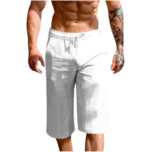 White Sport Gym Casual Running Pants for Man Fall Summer Faux Linen Loose Fit Capri Pleated Paperbag Straight Leg Plain Pants Shorts Mens 2026 Clothing Fashion XL
