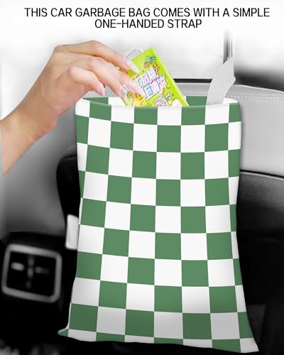 Image of Car Trash Can, Durable Hanging Car Trash Garbage Bag, Cute Automotive Garbage Cans Organizer, White Green Checkerboard