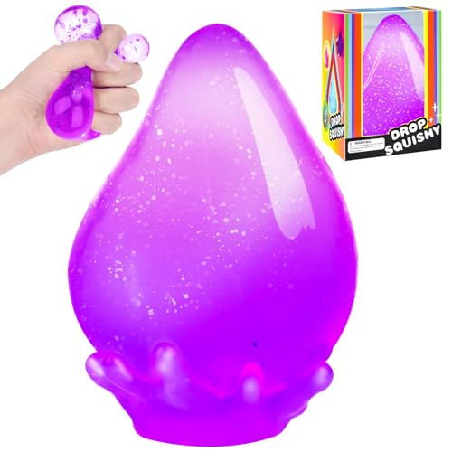 Raindrop Stress Balls, Squishy Fidget Toys for Kids, Glitter Raindrop Gumdrop Squeeze Balls with Removable Base, Adults Stress Relief Water Drop Slow Rebound Sensory Balls Stress Toys, Purple