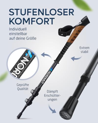 NORDMUT® Wanderstöcke Teleskop aus stabilen Aluminium oder Carbon - Leichte Nordic Walking Stöcke Damen und Herren - Komfortable Korkgriffe… – Ansicht 3
