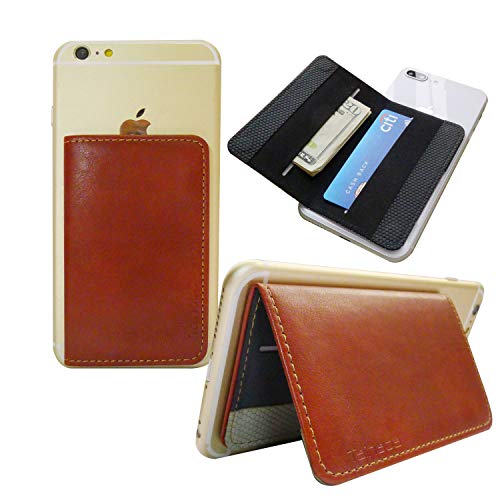 Image of Tainada Stick On 3M Adhesive Flip Card Holder Multi-Card Slot Wallet ID, Credit Card Cash with Phone Stand Function for Apple iPhone, Samsung Galaxy, Android Cell Phones + Bonus Cord Wrapper (Brown)