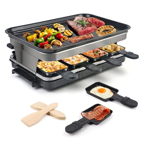 Raclette Table Grill,Indoor Raclette Cheese Grill,1500W Electric Grill with 8 Mini Cheese Raclette Pans and Non-stick Plate,Adjustable Temperature,Festivals,Parties,Gatherings,Thanksgiving Gift,Black