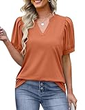 Plus Size Tops for Women Casual Summer Short Puff Sleeve Tunic Shirts Summer V Neck Tshirts Spring Flattering Curved Hem Blouses Dressy T-Shirts Orange 3XL