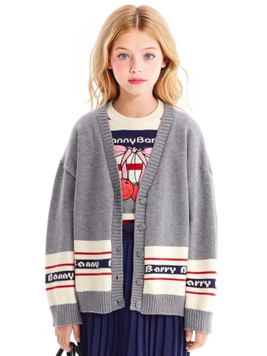 Girls Grey Knit Cardigan with Red & Blue Stripes - Cozy Long Sleeve Open Front Sweater with Logo Detail 6-16Y