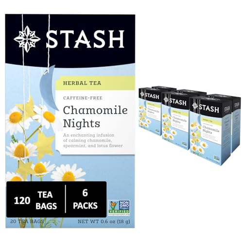 Image of Stash Tea Chamomile Nights Herbal Tea - Caffeine Free, Non-GMO Project Verified Premium Tea with No Artificial Ingredients, 20 Count (Pack of 6) - 120 Bags Total