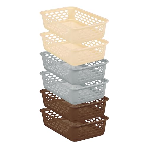 Image of RATAN PLASTICWARE Diana Tray Rectangular-Medium (Pack of 6) Plastic Storage for Desk Basket /Organizers for Stationery, Jewellery, Tools,Kitchen, Office-Lt Brown / Daiso Grey / Twist Beige