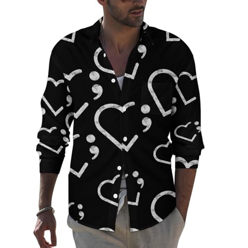 Semicolon Suicide Prevention Men's Casual Shirts Button Down Shirt Long Sleeve Top with Pocket