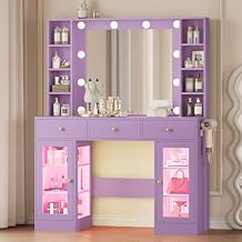 Wodeer Makeup Vanity Desk with Mirror and Lights, Purple Vanity with Glass Top, LED Lights & Power Outlet, 3 Drawers & 2 RGB Glass Cabinets, Adjustable Lighted Dressing Table for Women & Girls Bedroom