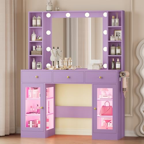 Image of Wodeer Makeup Vanity Desk with Mirror and Lights, Purple Vanity with Glass Top, LED Lights & Power Outlet, 3 Drawers & 2 RGB Glass Cabinets, Adjustable Lighted Dressing Table for Women & Girls Bedroom
