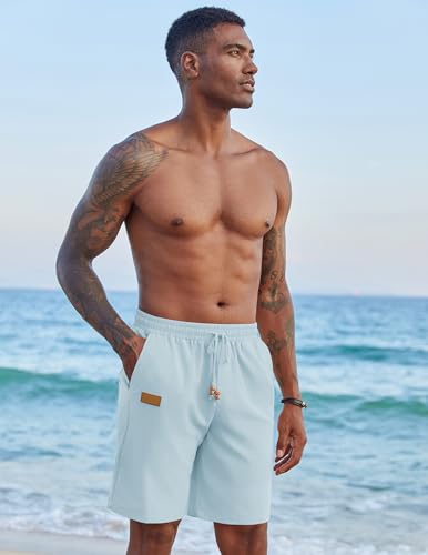 Image of COOFANDY Mens Casual Linen Shorts Elastic Waist Drawstring Loose Fit Summer Beach Vacation Shorts with Pockets