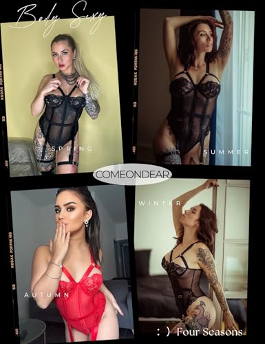 comeondear Body Sexy Femme Lingerie avec Porte-Jarretelles Une Pièce Négligé en Dentelle Babydoll Teddy Nightwear Bretelles Réglables avec 2 Poignets de Cuisse – Image 6