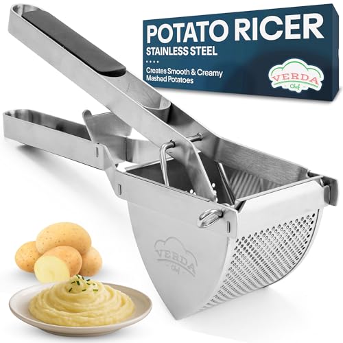 VerdaChef Stainless Steel Potato Ricer Masher Heavy Duty 650ml Food Press with 2mm Holes Soft Grip Handle Baby Food & Vegetable Masher Dishwasher Safe Ergonomic Design for Smooth Fluffy Mash