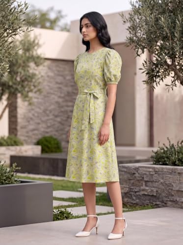 Image of HELLCAT Women Floral Fit & Flare Midi Dress | Round Neck, Puff Short Sleeve, Waist Tie-Up Belt | Casual Brunch Wear, Western One Piece, A-Line Long Frock, Summer Party Outfit