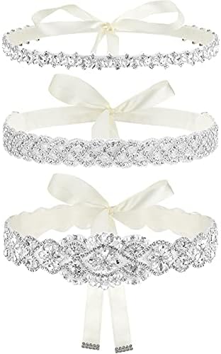 3 Pieces Rhinestone Bridal Sash Belts Crystal Wedding Belts Diamond Ribbon Dress Belts (Creamy White,Ribbon)