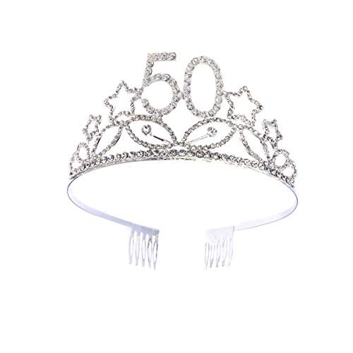 Beaupretty Corona per Compleanno 50 Anni Cerchietto Diadema Principessa Donna Tiara Strass Cristallo con Pettine regalo 50 anni anniversario matrimonio compleanno (argento)