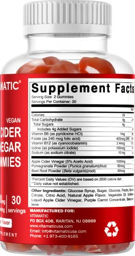 Vitamatic 810078470670 Apple Cider Vinegar Gummies - 1000Mg Per Serving - 60 Vegan Gummies - Acv Gummies For Detox, Weight Loss Support thumb #4