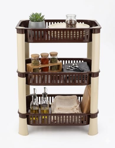 Image of U-Max Multi Tire Kitchen Storage Rack, Plastic Utility Shelf Organiser, Space Saving Storage Solution, Revolving Vegetable Rack (Brown-Regular, 3)