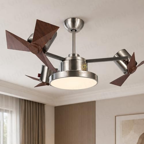 Image of Glowave Modern Antique Brass Finish Multi Head Wooden Texture 3 Blade Ceiling Fan with LED Light & Remote Control Fan for Kitchen, Cafes, Hotels, Dining, Bar - Tricolor (FI-7820 /NI)