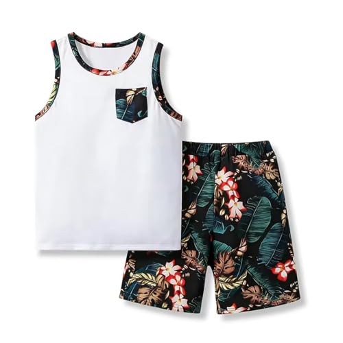 Voxikodex Size 6 7 Years Boys Summer Clothes 2 Piece White Sleeveless T-Shirt Tops Workout Casual Shorts Set Kids Boys Summer Outfits Set(6-7Y)
