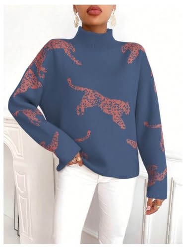 Image of WDIRARA Women's Leopard Tiger Print Sweater High Neck Long Sleeve Fuzzy Knitted Pullover Top