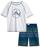 Picture of iXtreme Boys Swim Set - 2 Piece Rash Guard Short Sleeve Swim Shirt and Boys Swim Trunks for Infants Toddlers & Big Boys, Size 6, White/Blue Shark