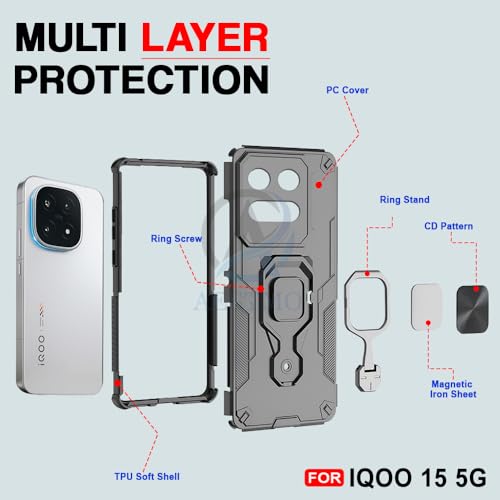 Image of AESTMO Armor Back Cover for iQOO 15 5G | Ring Holder & Kickstand & Camera Protection in-Built | 360 Degree Protection Back Case Cover (Black)