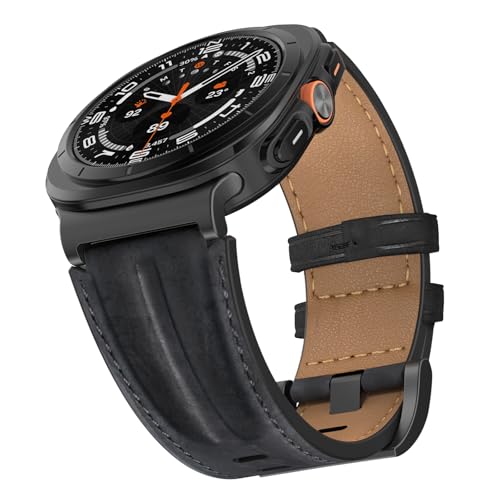 Bouixel Top Grain Genuine Leather Strap Compatible with Samsung Galaxy Watch Ultra Straps 47mm Men Women, Wide Rugged Metal Connector Band for Galaxy Watch Ultra (2024/2025)