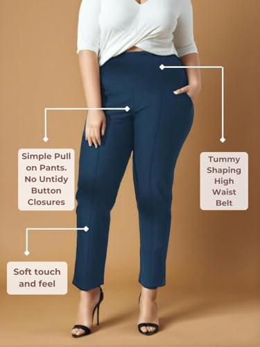 Image of AMYDUS Plus Size Women Crease Seam Tummy Shaper Pants | High-Waist | Stretchable | Straight Fit | Wide Waistband | 2 Pockets | Cloud Soft Fabric | Tummy Tucker Jeggings for Women - XL to 9 XL