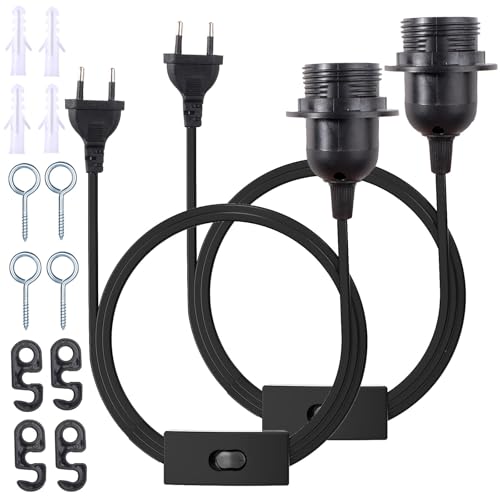 Getyjoe 2 Piezas Portalámparas E27 con Cable Casquillo E27 con Interruptor y Cable de 5m Portalámpara E27 con Arandela Roscada e Anillo de Rosca Porta Lampara para Candelabro Colgante