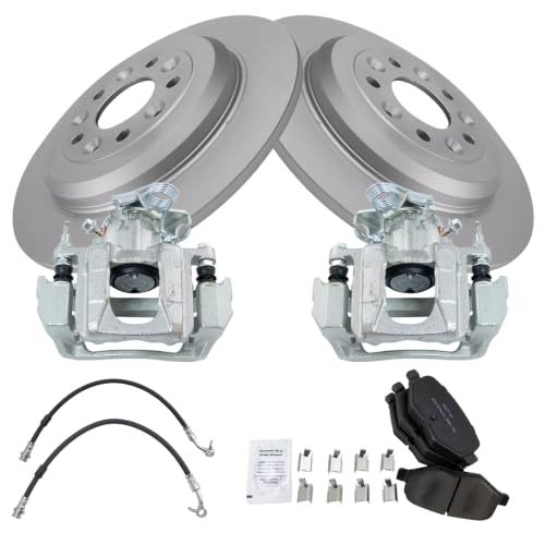 Image of TRQ Rear Brake Pad and Rotor Set Semi Metallic G Coated Rotors Calipers Hoses Compatible with 2011-2014 Ford Edge 2011-2015 Lincoln MKX