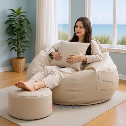 Image of 4XL Bean Bag Chair with Footrest & Cushion | Pre-Filled Beans | PVC Leatherette Lounger Sofa | Indoor & Outdoor Bean Bag with Pocket & Handle | Double Stitching | 6 Months Warranty Color- (Cream)