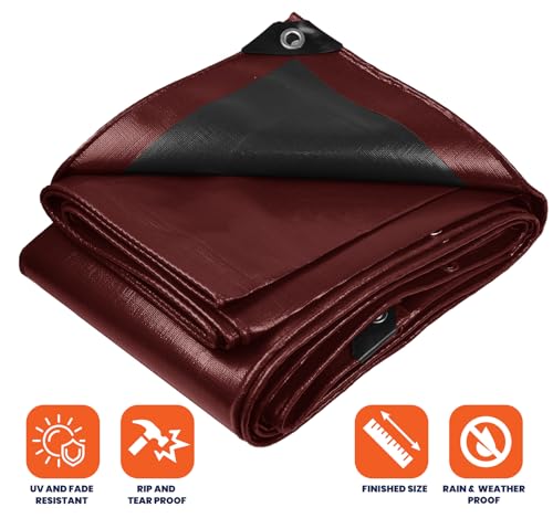 Image of Extra Heavy Duty 14 Mil Tarp Cover, Waterproof, UV Resistant, Rip and Tear Proof, Poly Tarpaulin with Reinforced Edges for Roof, Camping, Patio, Pool, Boat (Maroon /Black 30′ X 70′)