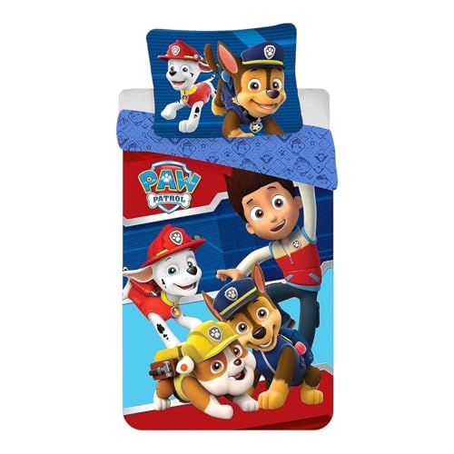 Parure de Lit Paw Patrol Housse de Couette Pat Patrouille Réversible avec Taie d'oreiller, 2 Pièces (140x200 cm + 63x63 cm), 1 Personne (Parure Pat...