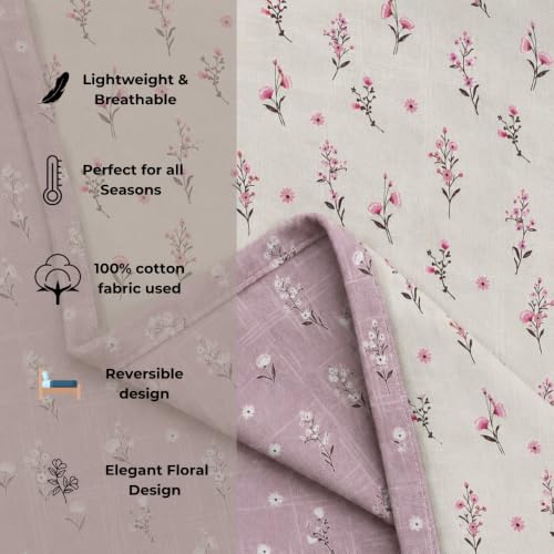 Image of Florida Reversible Cotton Dohar - Single Size (220x160 cm, 90 GSM, Pink Floral Pattern), Soft & Lightweight Blanket for All Seasons, Breathable & Skin‑Friendly Fabric