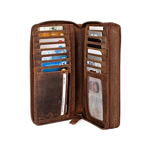 LEABAGS Leder Geldbörse Damen - Portemonnaie Gross mit RFID Schutz, Echtleder XXL Geldbeutel Damen Groß, 29 Kartenfächer Portmonee mit Münzfach, Doppelter Reißverschluss(Vintage Dunkelbraun)