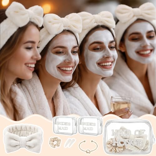 Sosation 36 Pcs Bridesmaid Proposal Gifts, Set of 6 Pearl Letter Makeup Bag with Hair Clips Silk Scrunchies Spa Headband for Bridesmaid Maid of Honor Bachelorette Party Bridal Shower Favors - Thumbnail 5