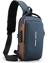Mochila Transversal Masculina Anti-roubo Com Carregador USB Com Cadeado Pochete Transversal Esportes Viagens Bolsa de Peito à Prova D'água Shoulder Bag CHARIS (Azul com Dourado)