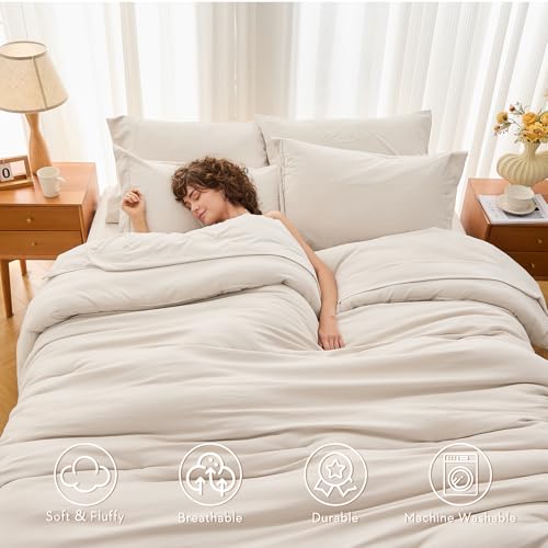 MUXHOMO 7 Pieces California King Comforter Set, Soft Bed in a Bag Cal King Size, All Season Bedding Set with Comforter, Flat Sheet, Fitted Sheet, Pillowcases & Shams, Beige