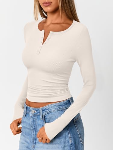 Trendy Queen Womens Long Sleeve Shirts Fall Henley Casual Fitted Cotton Tops Ribbed Fashion Basic Outfits 20253