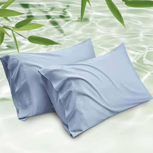 Image of Bedsure Pillow Cases Standard Size Set of 2, 100% Rayon Derived from Bamboo | Cooling Pillowcases, Light Blue Pillow Covers with Envelope Closure, PureWoven Silky Bedding for Hot Sleepers, 20x26 Inches