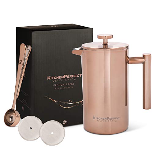 Unique Copper French Press Coffee Brewer, Measuring Spoon and Clip - Portable Coffee Maker For Travel - Double-wall Thermal Coffee Carafe, Stainless Steel Pot, Copper Rose Gold, 34oz
