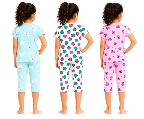 Image of NammaBaby Girl Cotton Night Suit Tshirt Shorts Capri Pyjama Set - Multipacks