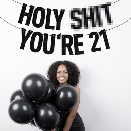 Image of Black Glitter Holy Shit You're 21 Banner, Rip Fake ID /Happy 21st Birthday /Cheers to 21 Years, Funny 21st Birthday Party Decorations Supplies
