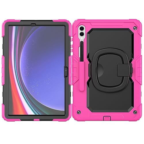 Coque Samsung Galaxy Tab S9 Plus antichoc rose rouge avec support et bandoulière 12,4 pouces