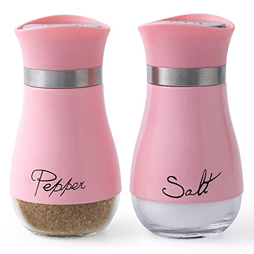 Image of Lonffery Salt and Pepper Shakers Set - Salt Containers for Gifts, Kitchen Decor, Home, RV, Camp, BBQ, 4 oz Farmhouse Spice Dispenser with Glass Bottom, Pink, Set of 2