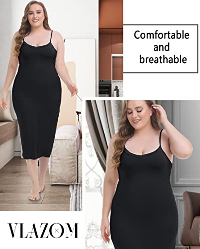 Vlazom Damen Unterkleid in Übergrößen Sexy Negligee mit verstellbarem Träger Damen Unterrock(4XL,StilA-Schwarz)