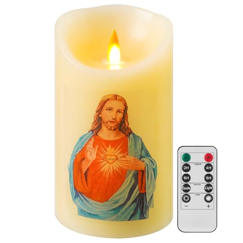 Image of QQFCTOO LED Prayer Flameless Candle with Remote Timer, Battery Powered Candle, Religious Candle, Real Wax, for Home Altar, Church, Devotional,6 inch x 3.2 inch(Jesus - Blue)