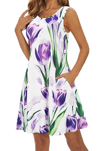 Image of Summer Dresses for Women 2026 Casual Sundresses Beach Cover Ups Sleeveless Tshirt Swing Dress with Pockets