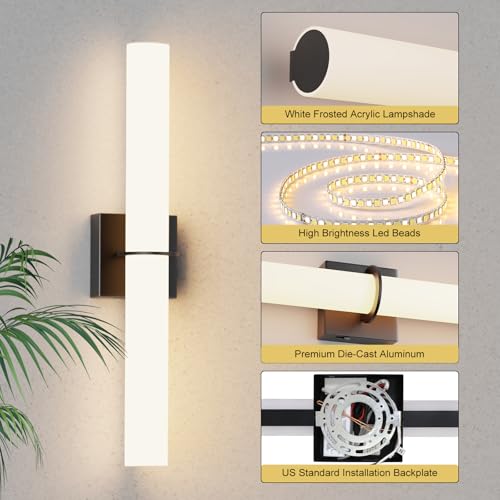 Image of 24 Inch 30W Led Bathroom Vanity Light,3000K-6000K Dimmable Vanity Lighting Fixtures with White Acrylic Lampshade,Indoor Hardwired Wall Light Over Mirror for Mirror Restroom(Black,1 Pack)