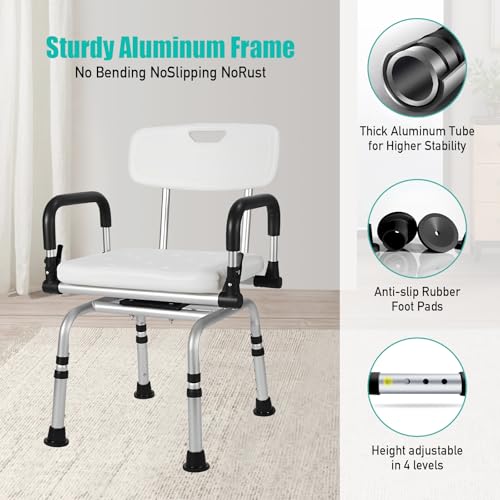 Silla de Ducha Giratoria 360°, Taburete de Ducha para Mayores con Reposabrazos y Respaldo, Altura Regulable 40-48 cm, Taburete Baño Giratorio Antideslizante para Ancianos Discapacitados Embarazadas - imagen 5